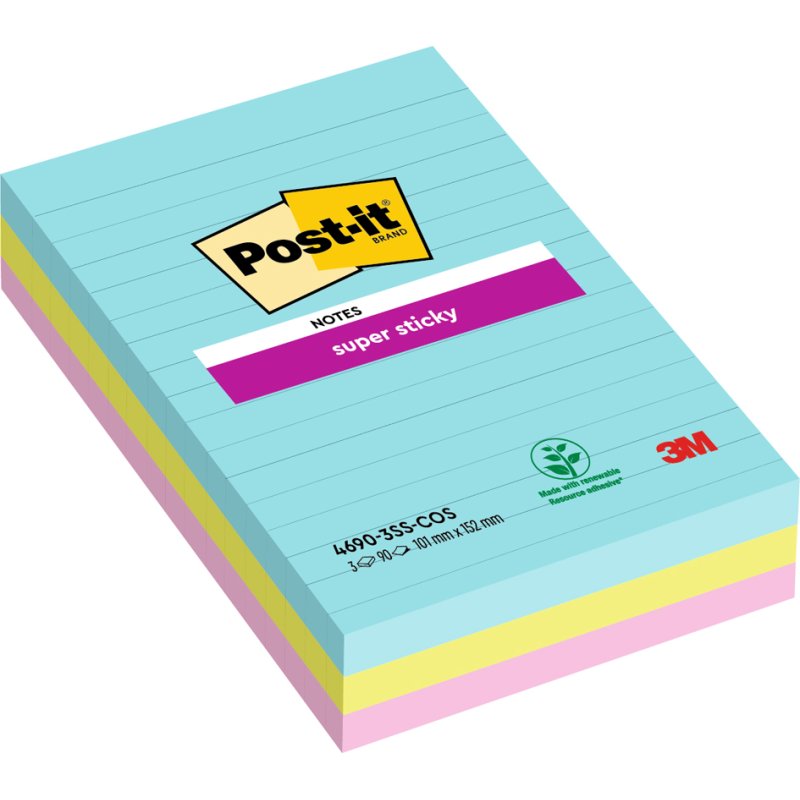 Post-it blocs-notes super sticky, lignés, 101×101 mm, 3 blocs