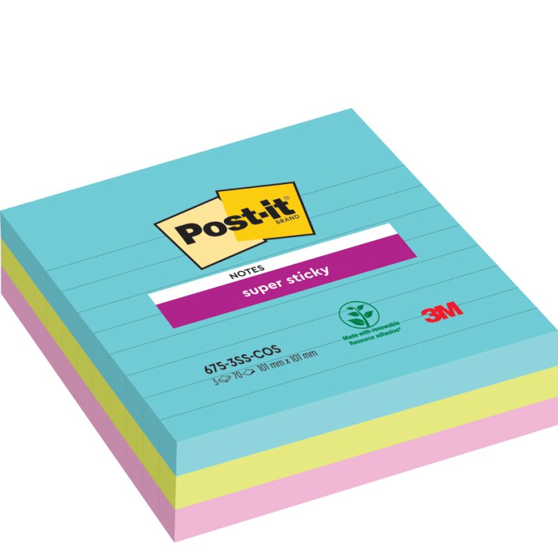 Post-it blocs-notes super sticky, lignés, 101×101 mm, 3 blocs