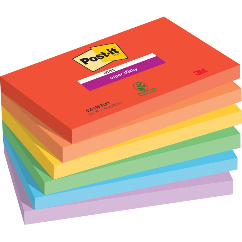 Post-it Super Sticky notes Playful Collection, 127×76 mm, gekleurd, 6 blokken