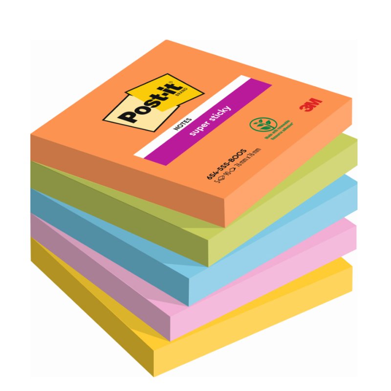 Post-it bloc-notes super adhésif, 76×76 mm, Boost Collection, 5 blocs