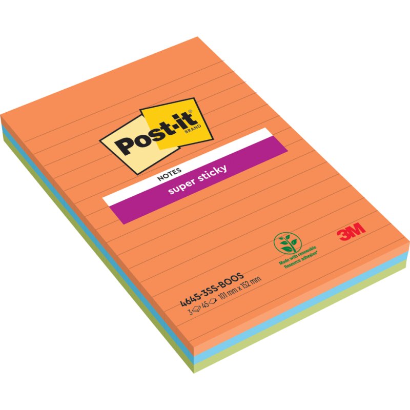 Post-it Super Sticky notes, ligné, 101×152 mm, 3 blocs