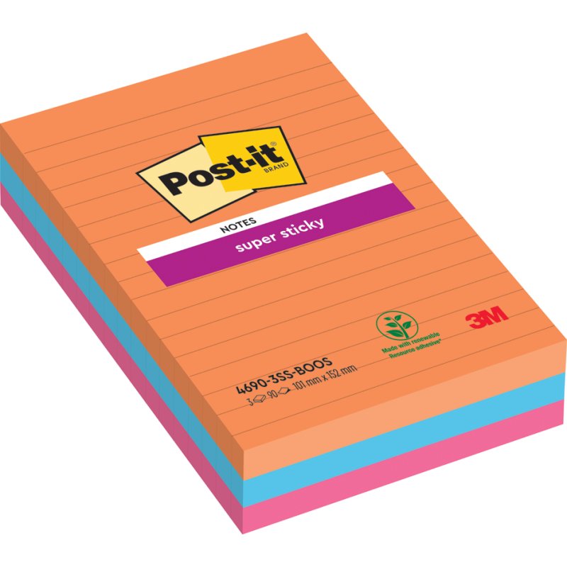 Post-it Super Sticky notes, ligné, 101×152 mm, 3 blocs