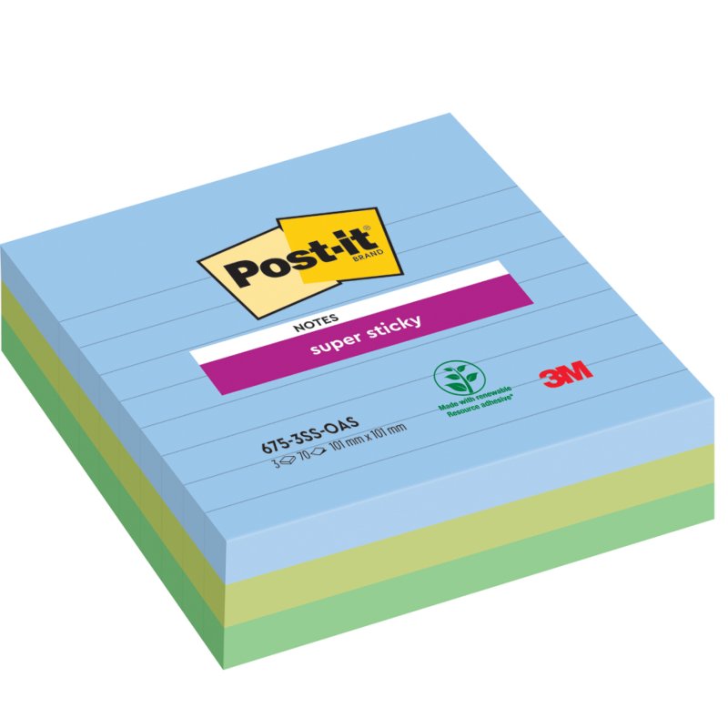 Post-it bloc-notes Super Sticky lignés, 101×101 mm, Oasis Collection, 6 blocs