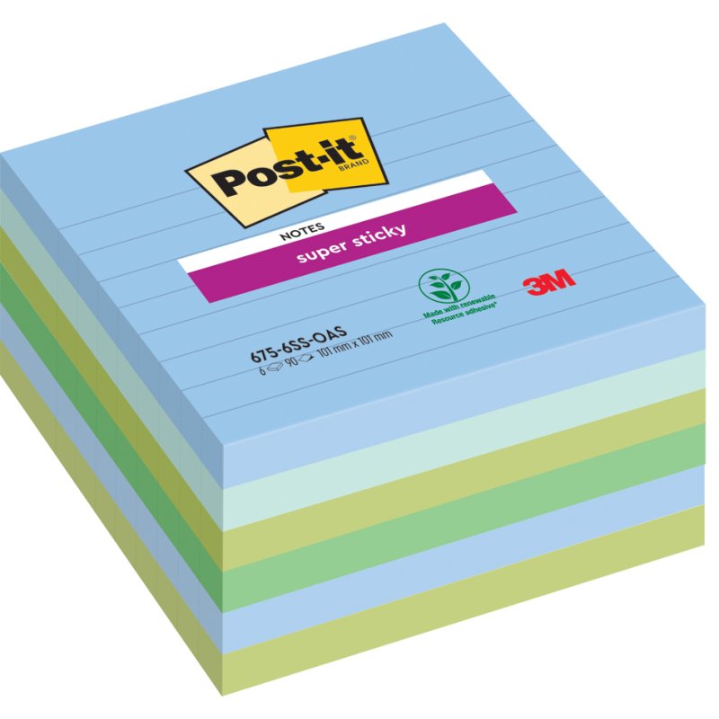 Post-it bloc-notes Super Sticky lignés, 101×101 mm, Oasis Collection, 6 blocs