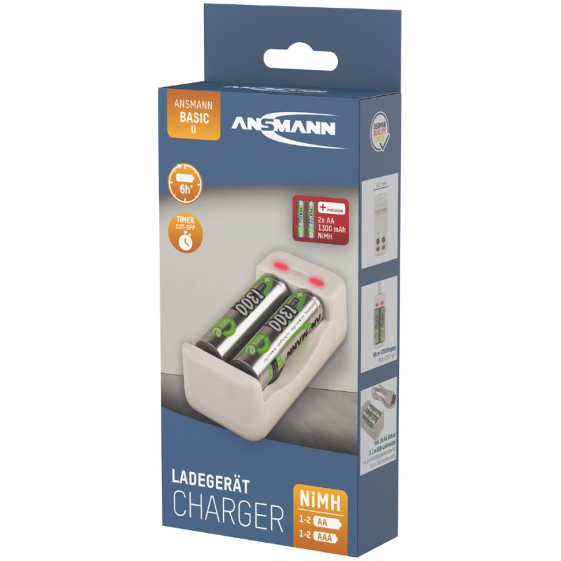 ANSMANN Basic II oplader, USB, inclusief 2 AA batterijen 1.300 mAh