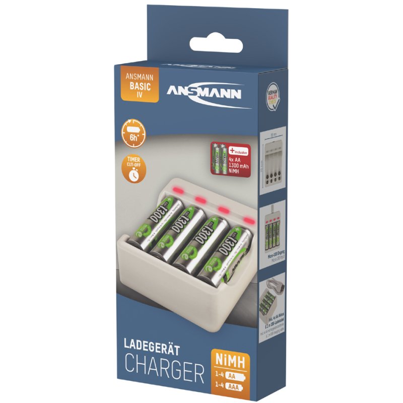 ANSMANN Basic II oplader, USB, inclusief 2 AA batterijen 1.300 mAh