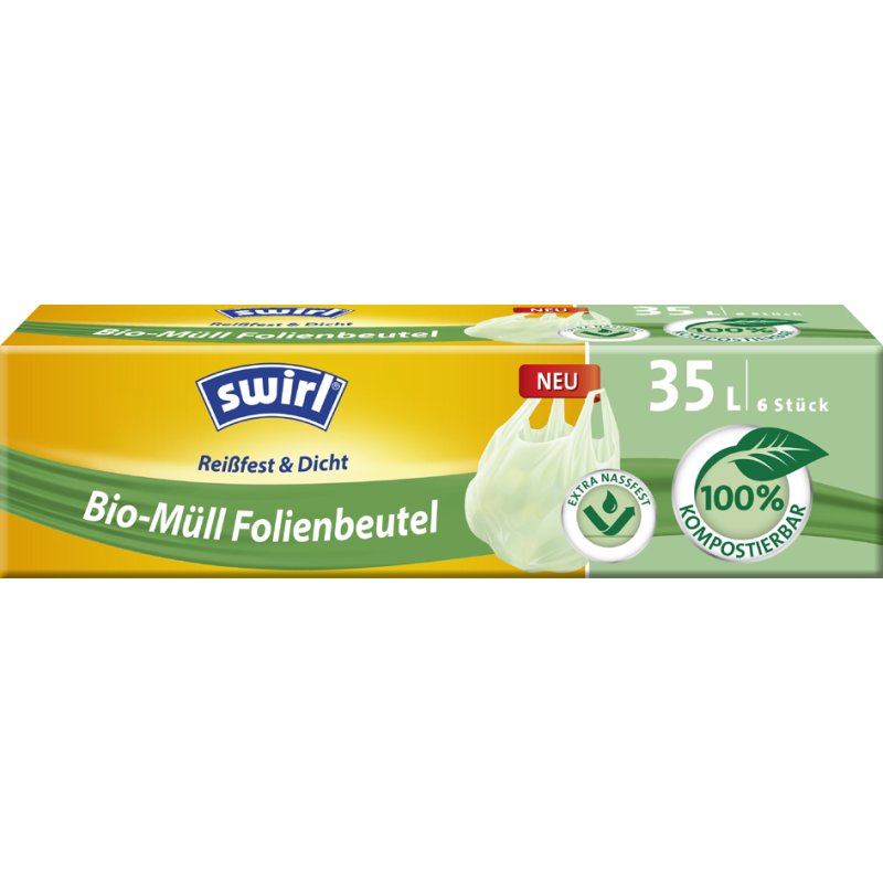 Swirl sacs poubelle bio, compostables, vert, 35 litres, 6 pièces