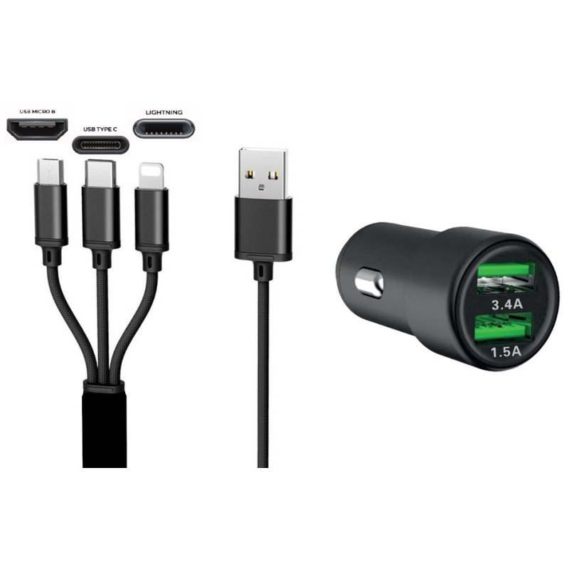 IWH 3-in-1 USB car charger, Lightning and USB-C, black