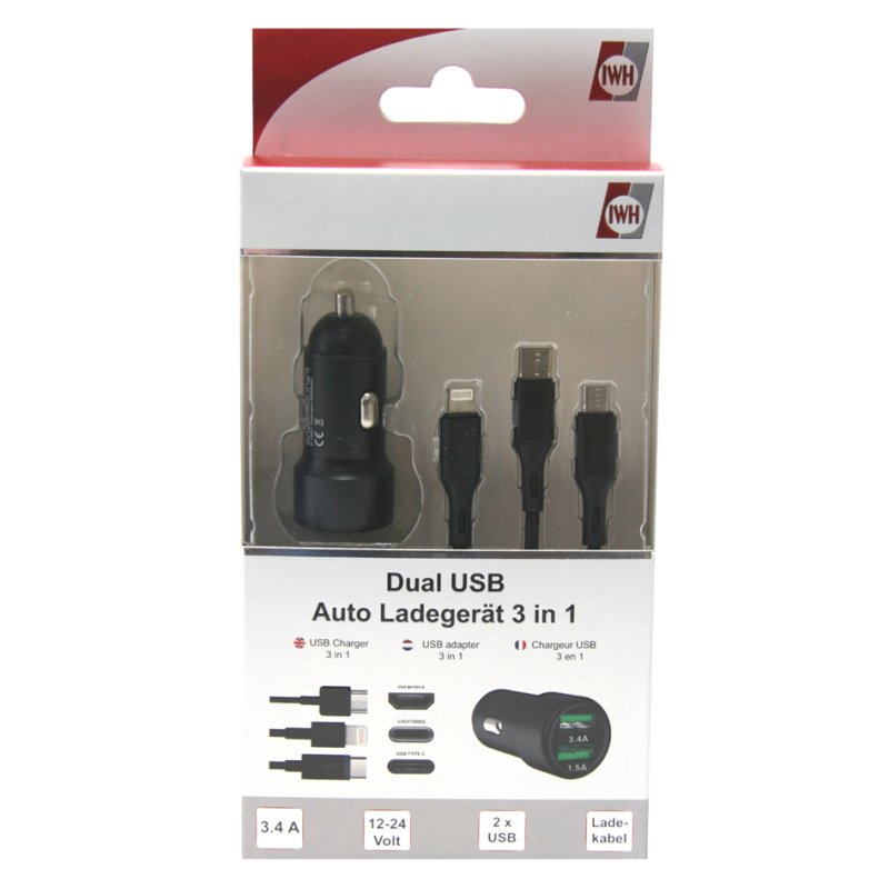 IWH 3-in-1 USB car charger, Lightning and USB-C, black
