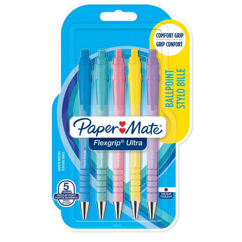 PAPER:MATE FlexGrip Ultra ballpoint pens, pastel shades, 5 pieces