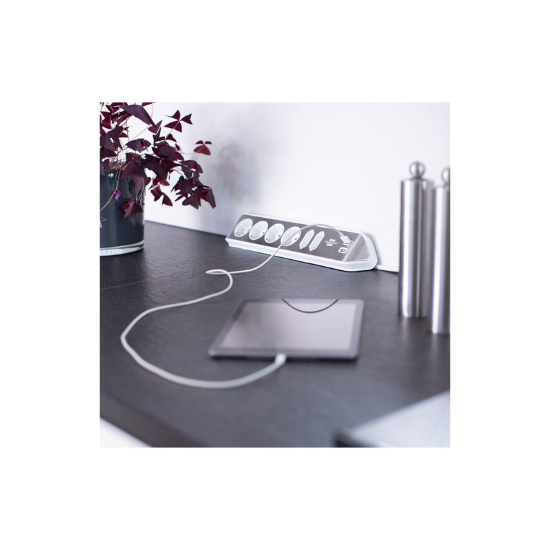 Brennenstuhl Estilo hoekstekkerdoos, 6-voudig, zilver/wit, 2x USB