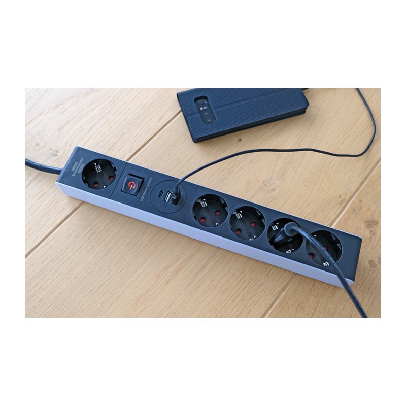 brennenstuhl power strip 5-way, USB-C and USB-A, switchable, grey/black