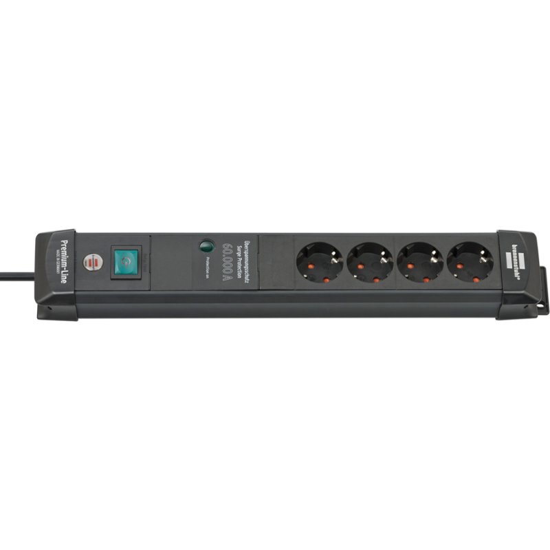 Brennenstuhl surge-protected socket strip, 4-way, black, wall mounting
