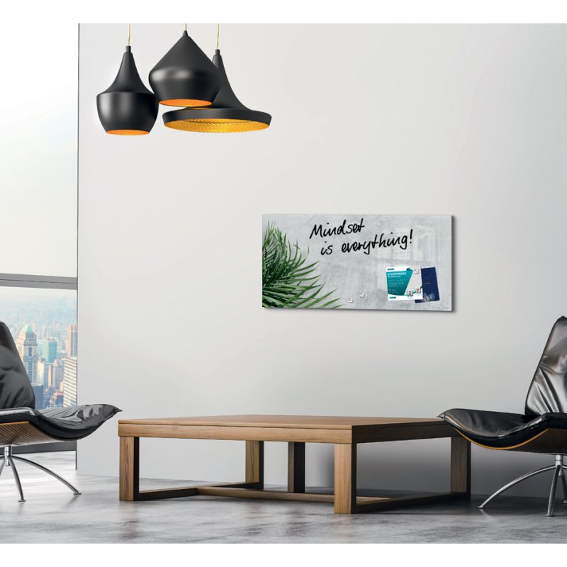 sigel GlasArt GL298 magnetic board, grey concrete look with green palm leaf, 130 × 55 cm