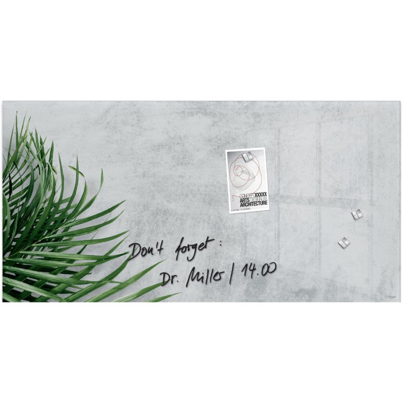 sigel GlasArt GL298 magnetic board, grey concrete look with green palm leaf, 130 × 55 cm