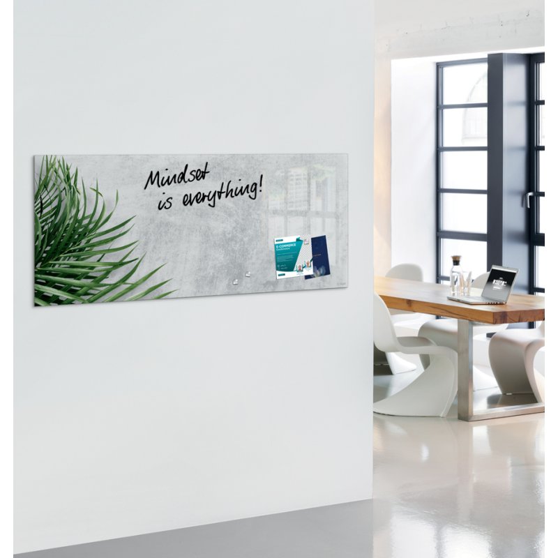 sigel GlasArt GL298 magnetic board, grey concrete look with green palm leaf, 130 × 55 cm