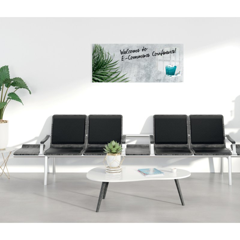sigel GlasArt GL298 magnetic board, grey concrete look with green palm leaf, 130 × 55 cm