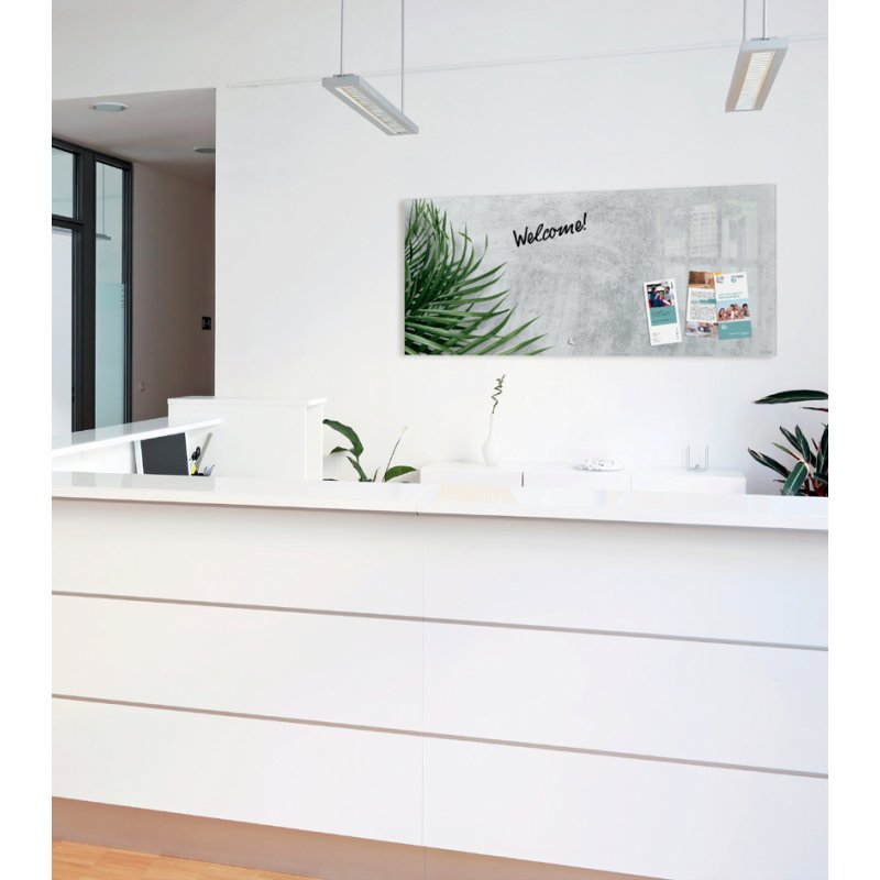 sigel GlasArt GL298 magnetic board, grey concrete look with green palm leaf, 130 × 55 cm