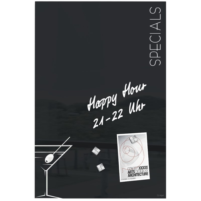 Sigel tableau blanc magnétique en verre artverum Cocktail, noir, 40×60 cm