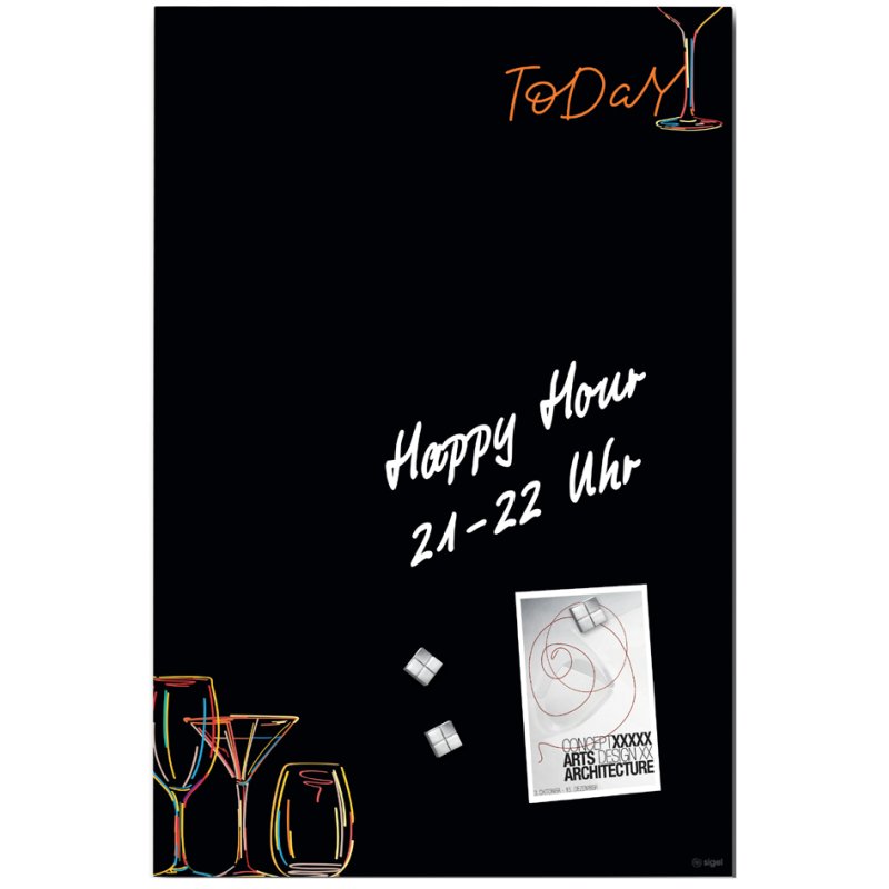 Sigel glass magnetic board Artverum Drinks, black, 40×60 cm