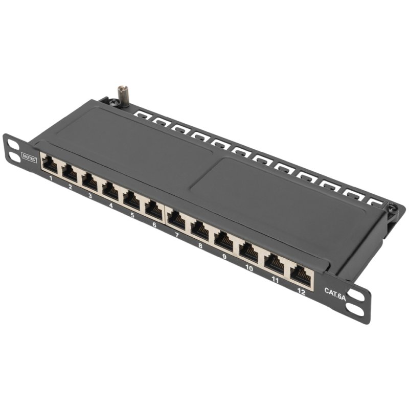 DIGITUS Cat.6A Slim 12-port patch panel, PoE-ready, black