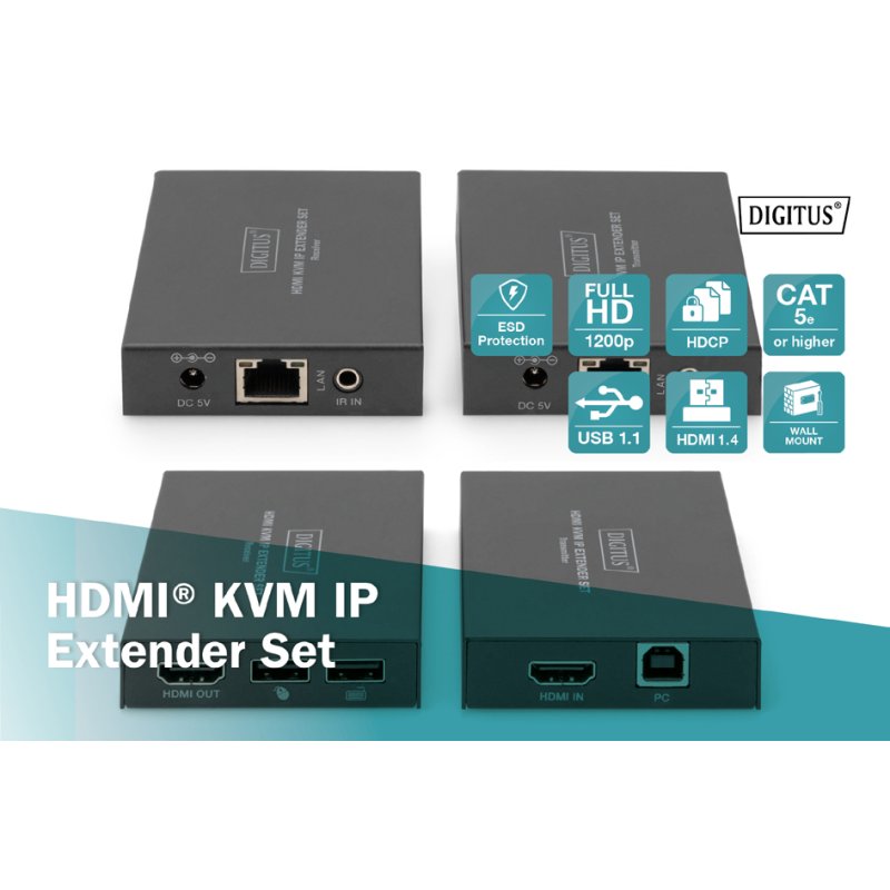 DIGITUS HDMI KVM IP extender set, black, up to 150 m, HDMI 1.4