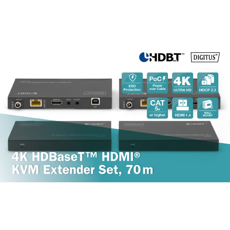 DIGITUS 4K HDBaseT HDMI KVM verlengset, 70 m, zwart