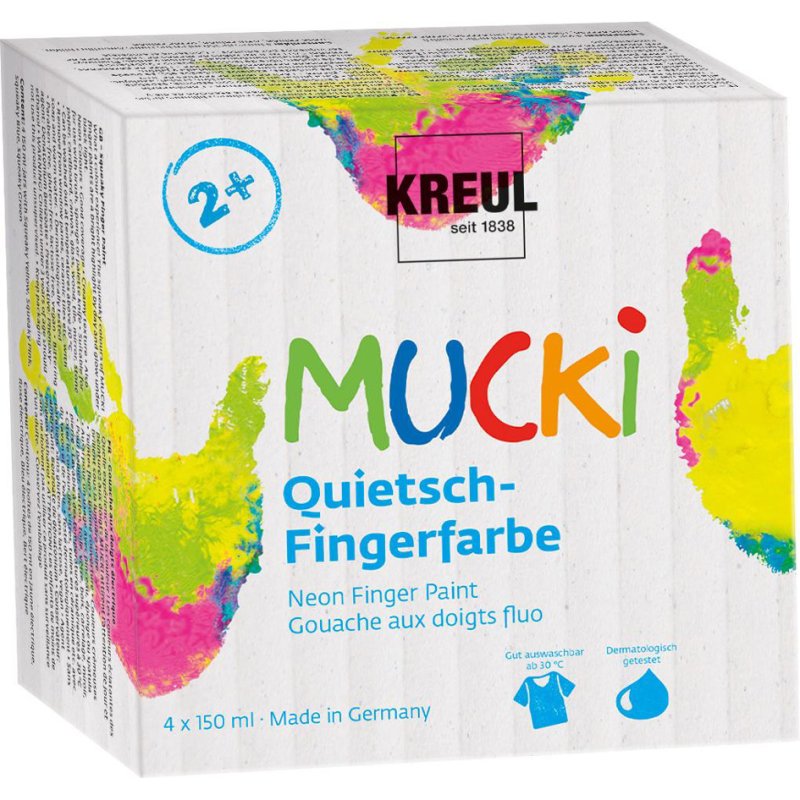 KREUL peintures à doigts MUCKI, 150 ml, set de 4, jaune/rose/bleu/vert