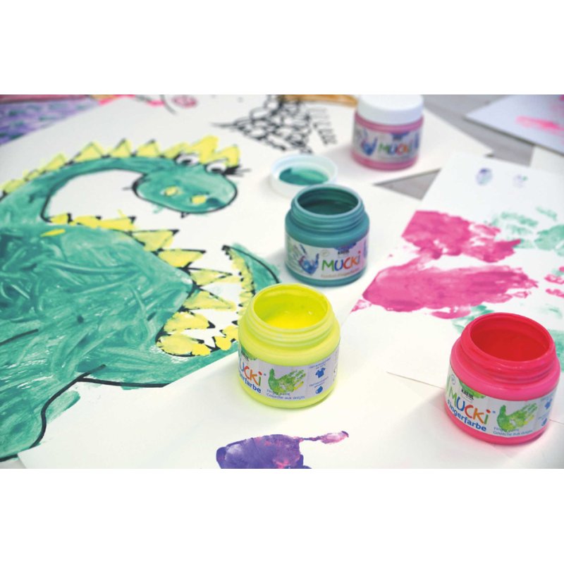 KREUL peintures à doigts MUCKI, 150 ml, set de 4, jaune/rose/bleu/vert