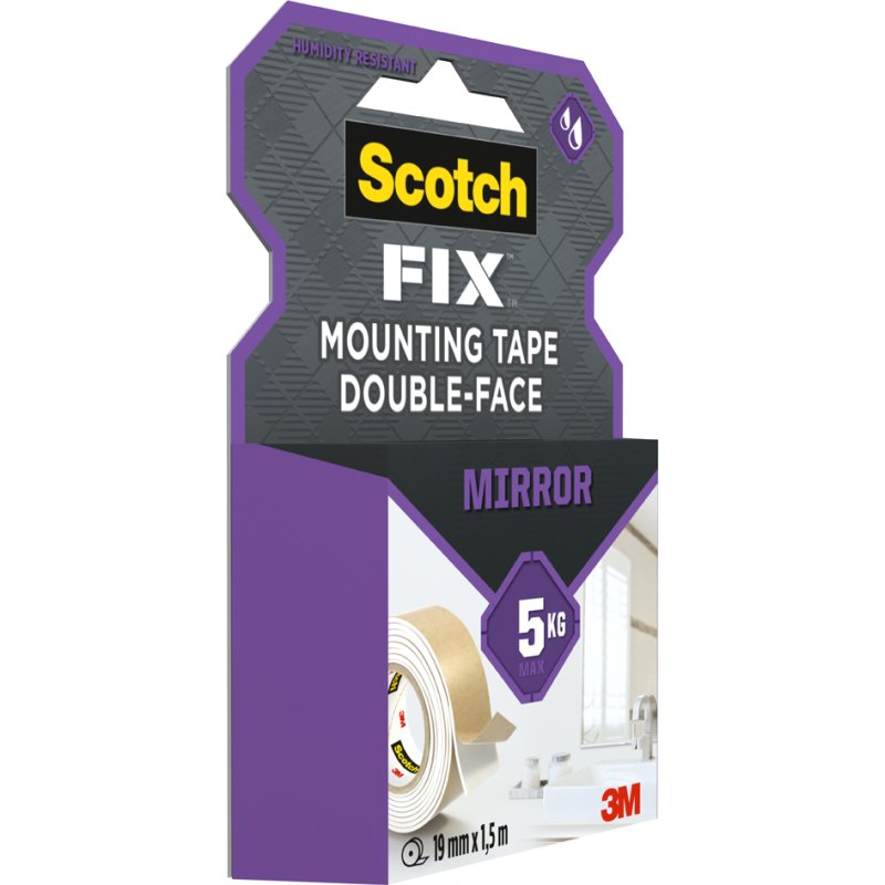 Scotch dubbelzijdige montagetape spiegels, 19 mm × 1,5 m, wit