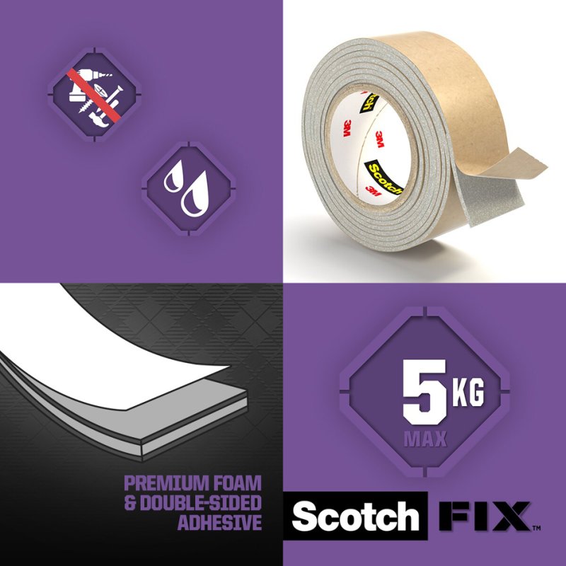 Scotch ruban de montage double face pour miroirs, 19 mm × 1,5 m, blanc