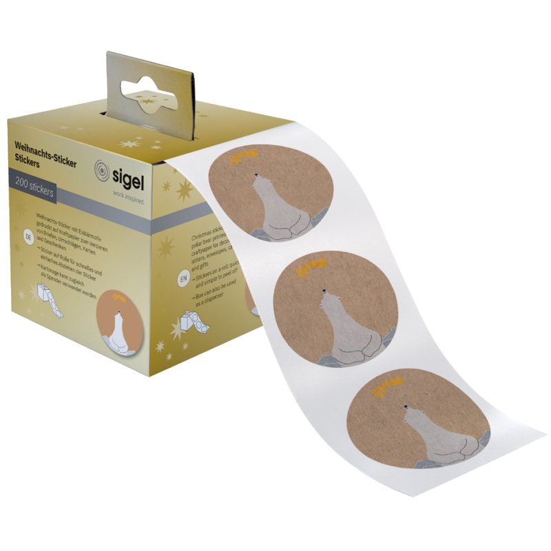 sigel Christmas tree stickers Polar bear with falling star, brown kraft paper, 47 mm, 200 pieces