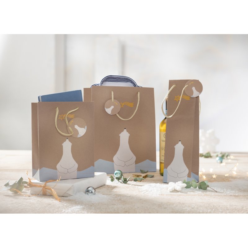 Sigel sac cadeau ours polaire avec étoile filante, carton kraft brun, 170×90×230 mm