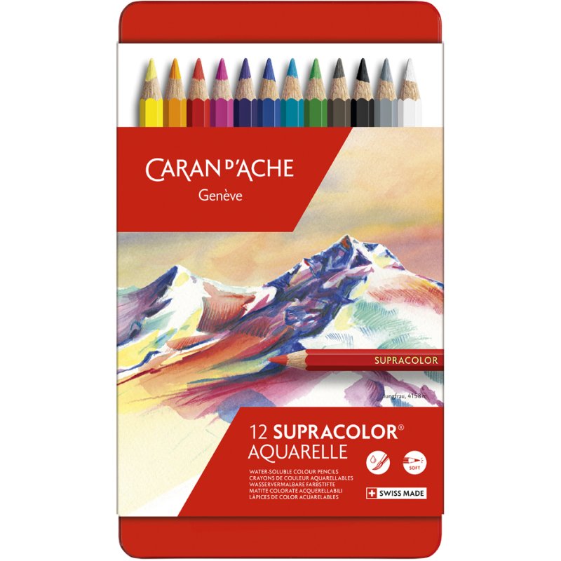CARAN D'ACHE Crayons aquarelle Supracolor, 12 pièces, étui métallique