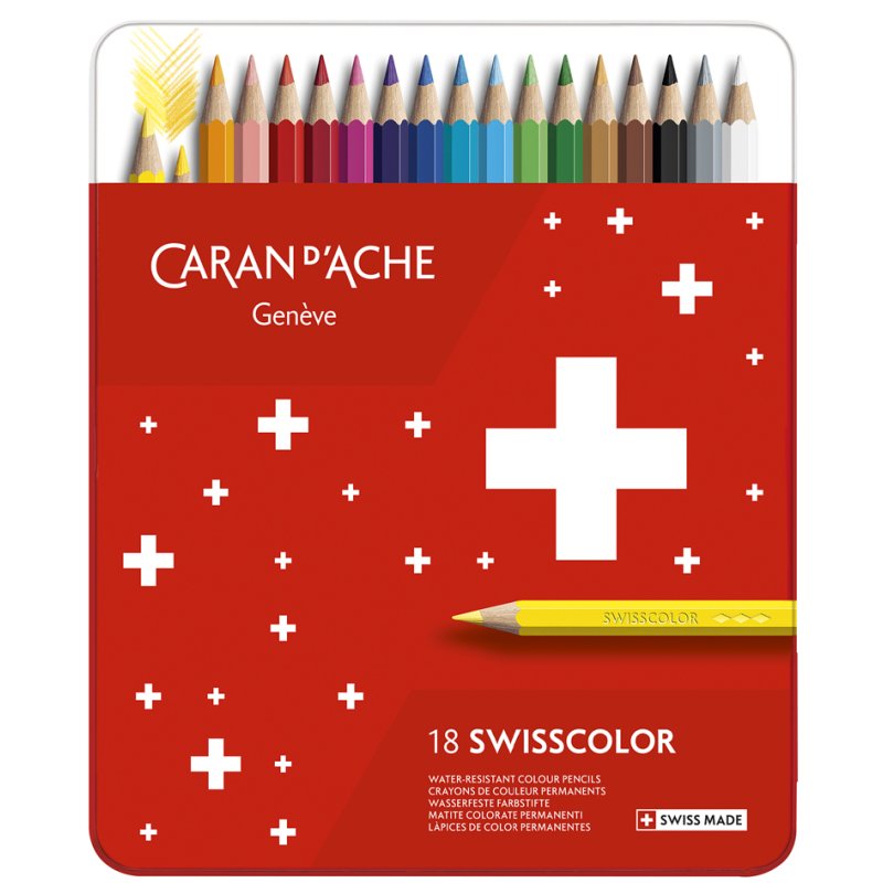CARAN D'ACHE crayons de couleur SWISSCOLOR, étui métal, 18 pièces