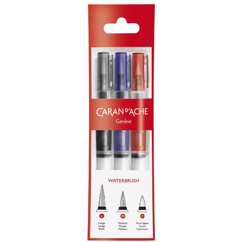 CARAN D'ACHE aquarelle stylos pinceaux avec réservoir, plastique transparent, 3 pièces