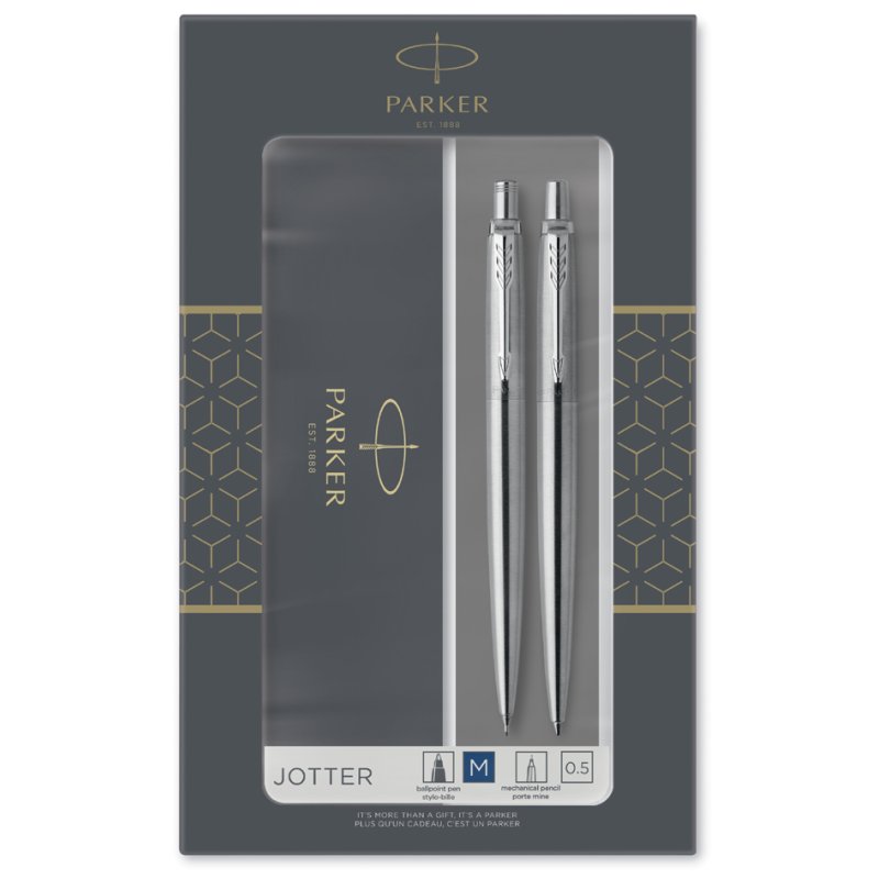 PARKER Jotter ensemble d'écriture, argent, acier inoxydable, stylo à bille et crayon mécanique, coffret cadeau