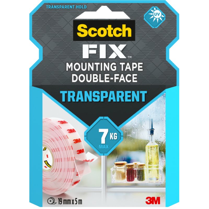 Scotch dubbelzijdig montagetape transparant, 19 mm × 5 m, permanent