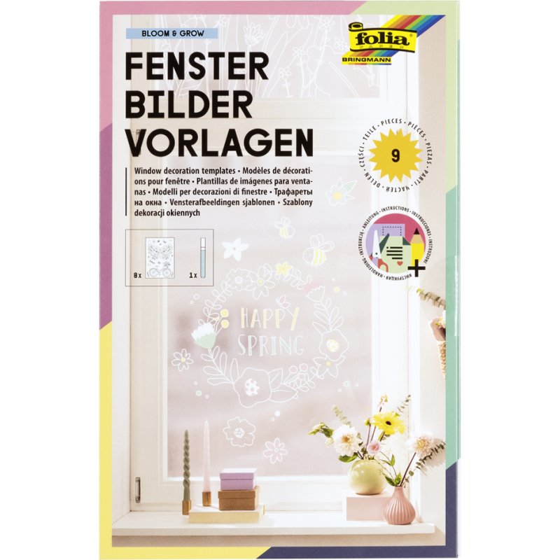 folia raamstickersvormen BLOOM & GROW, 8 sjablonen 520×730 mm, inclusief witte krijtstift