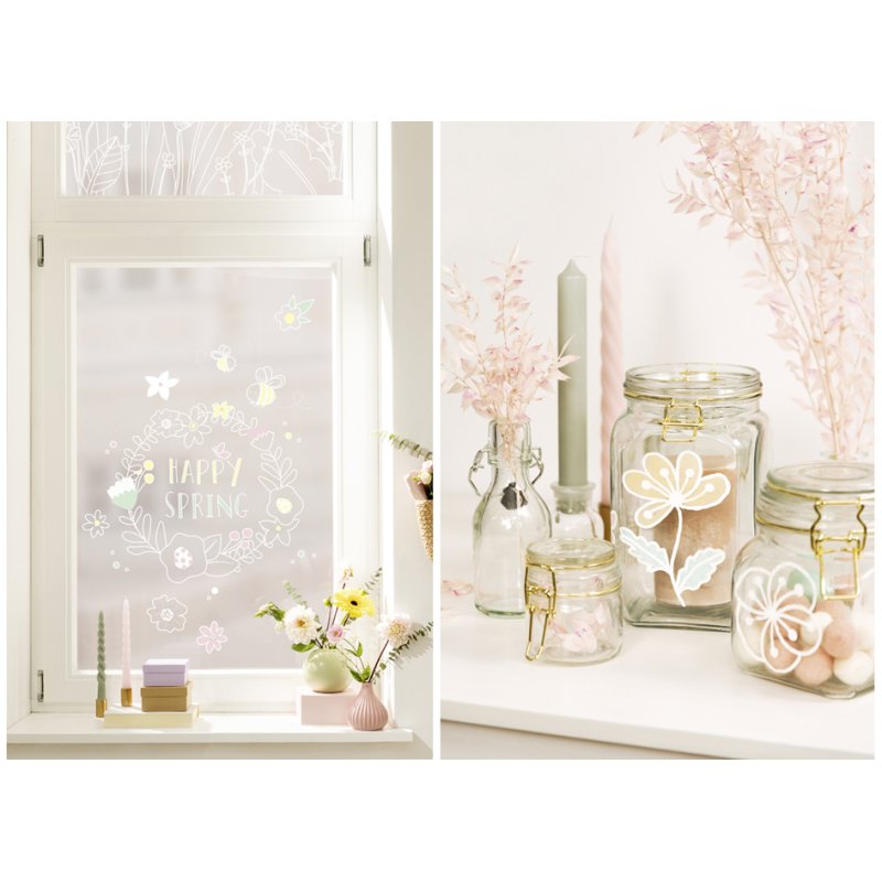 folia raamstickersvormen BLOOM & GROW, 8 sjablonen 520×730 mm, inclusief witte krijtstift
