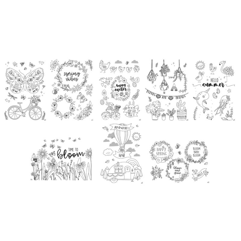 folia raamstickersvormen BLOOM & GROW, 8 sjablonen 520×730 mm, inclusief witte krijtstift