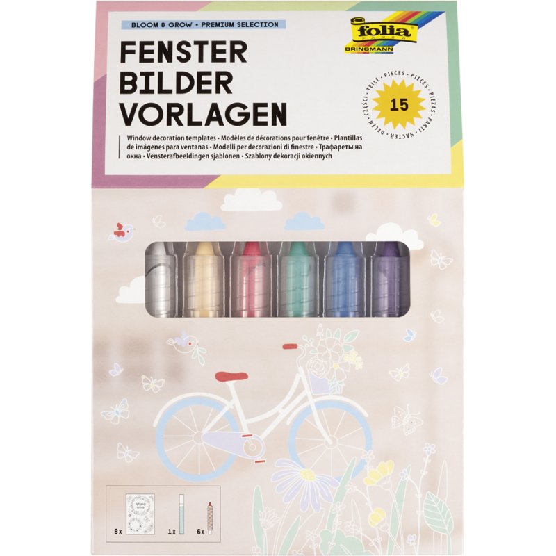 folia raamstickersvormen BLOOM & GROW, 8 sjablonen 520×730 mm, inclusief witte krijtstift