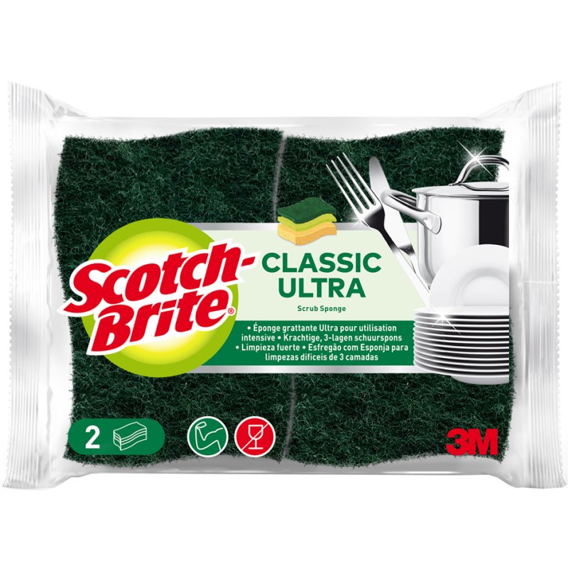 Scotch Brite éponge abrasive CLASSIC ULTRA, technologie 3-couches, vert, 2 pièces