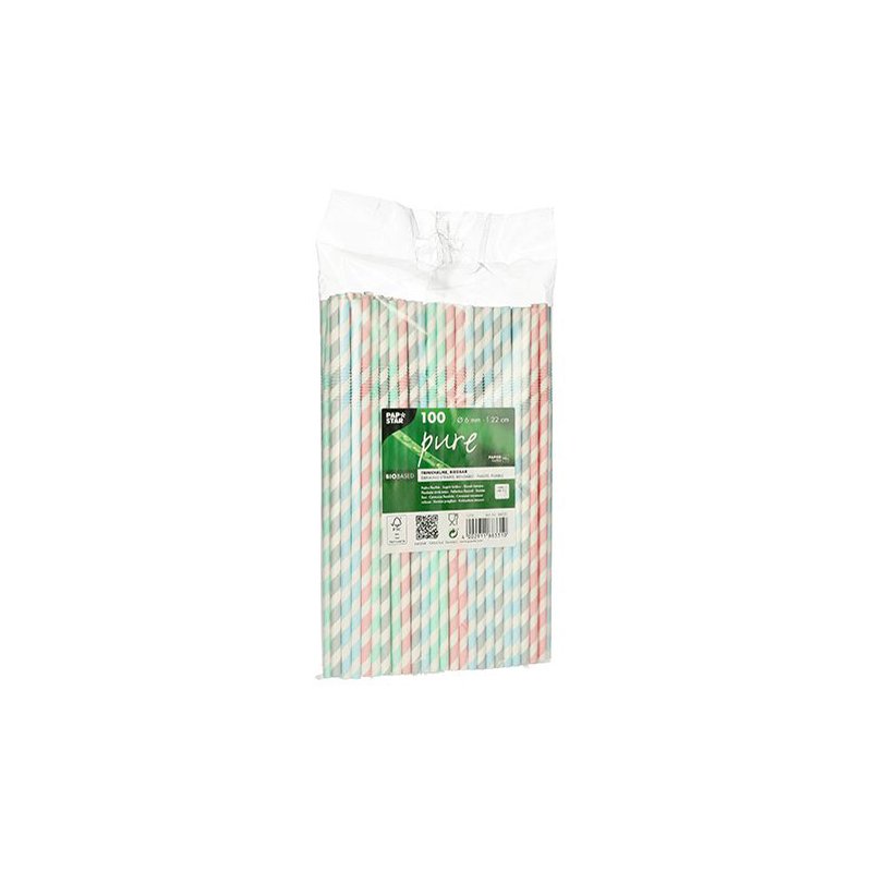 PAPSTAR pailles en papier rayures, mélange de couleurs, 220 mm, 100 pièces