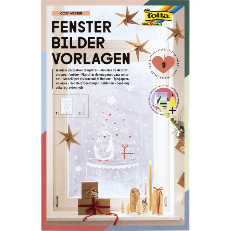 folia krijtsjablonen COSY WINTER, 8 sjablonen 520×730 mm, wit krijtstift