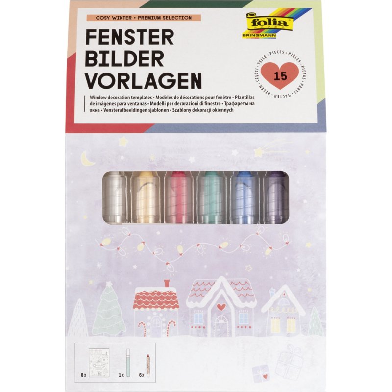 folia krijtsjablonen COSY WINTER, 8 sjablonen 520×730 mm, wit krijtstift
