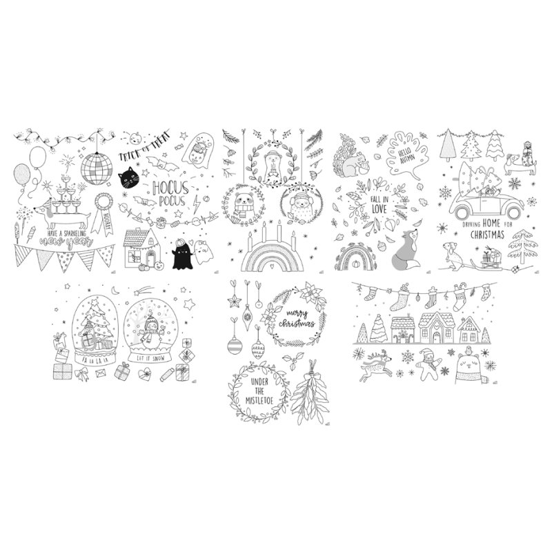 folia krijtsjablonen COSY WINTER, 8 sjablonen 520×730 mm, wit krijtstift