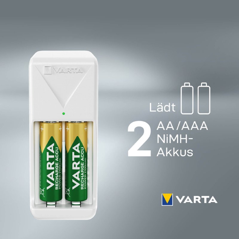 VARTA Mini Charger batterijlader, wit, inclusief 2x AA batterijen