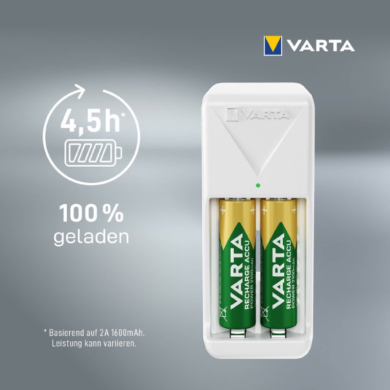 VARTA Mini Charger batterijlader, wit, inclusief 2x AA batterijen