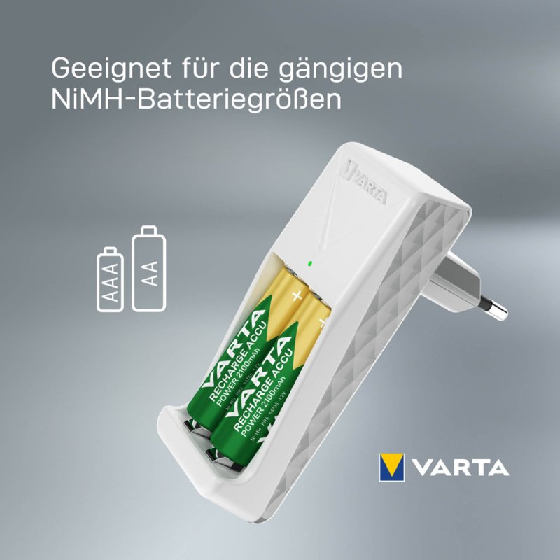 VARTA Mini Charger batterijlader, wit, inclusief 2x AA batterijen